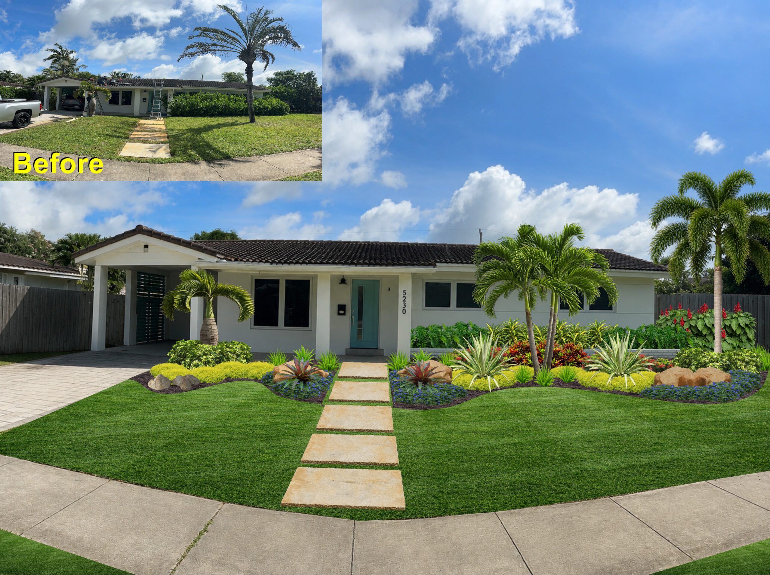 Florida-friendly drought-tolerant tropical garden with crushed coquina paths, native grasses, and silver bismarckia palms