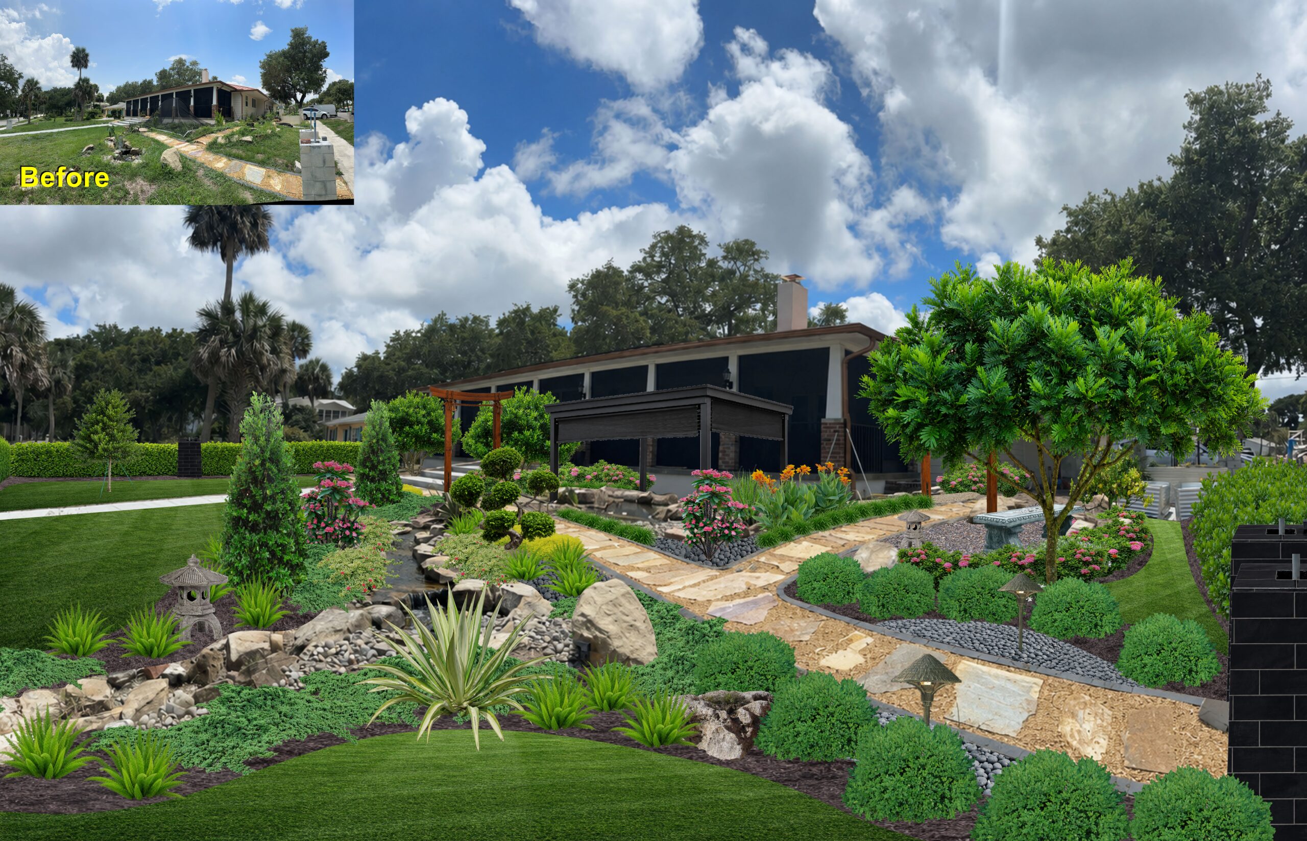 Architectural arrival motor court with royal palms, limestone pavers, and tropical accent plants in Naples Florida