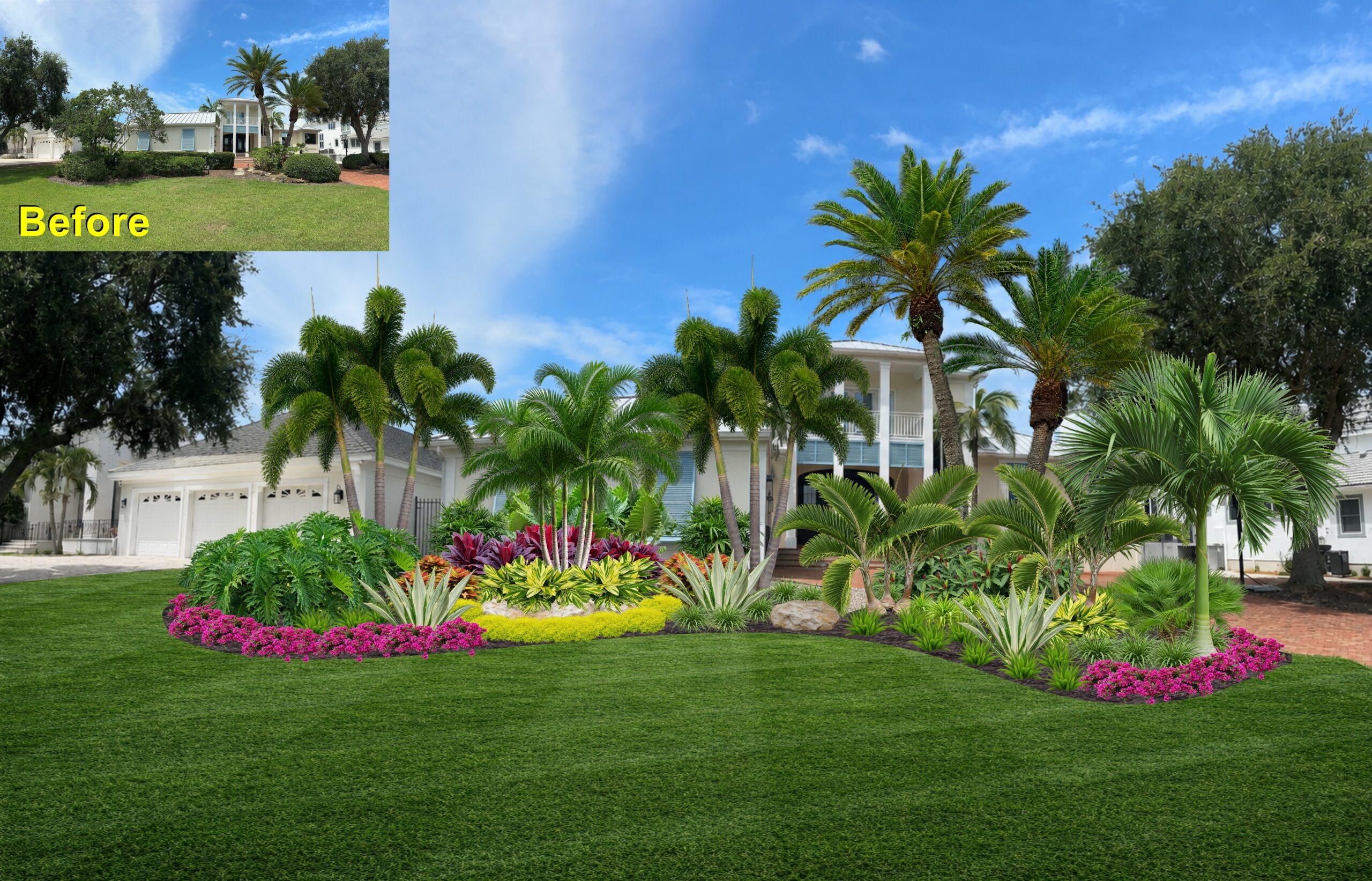 Tropical lanai pool sanctuary with built-in planters, lush monstera, and ambient landscape lighting in Tampa Florida