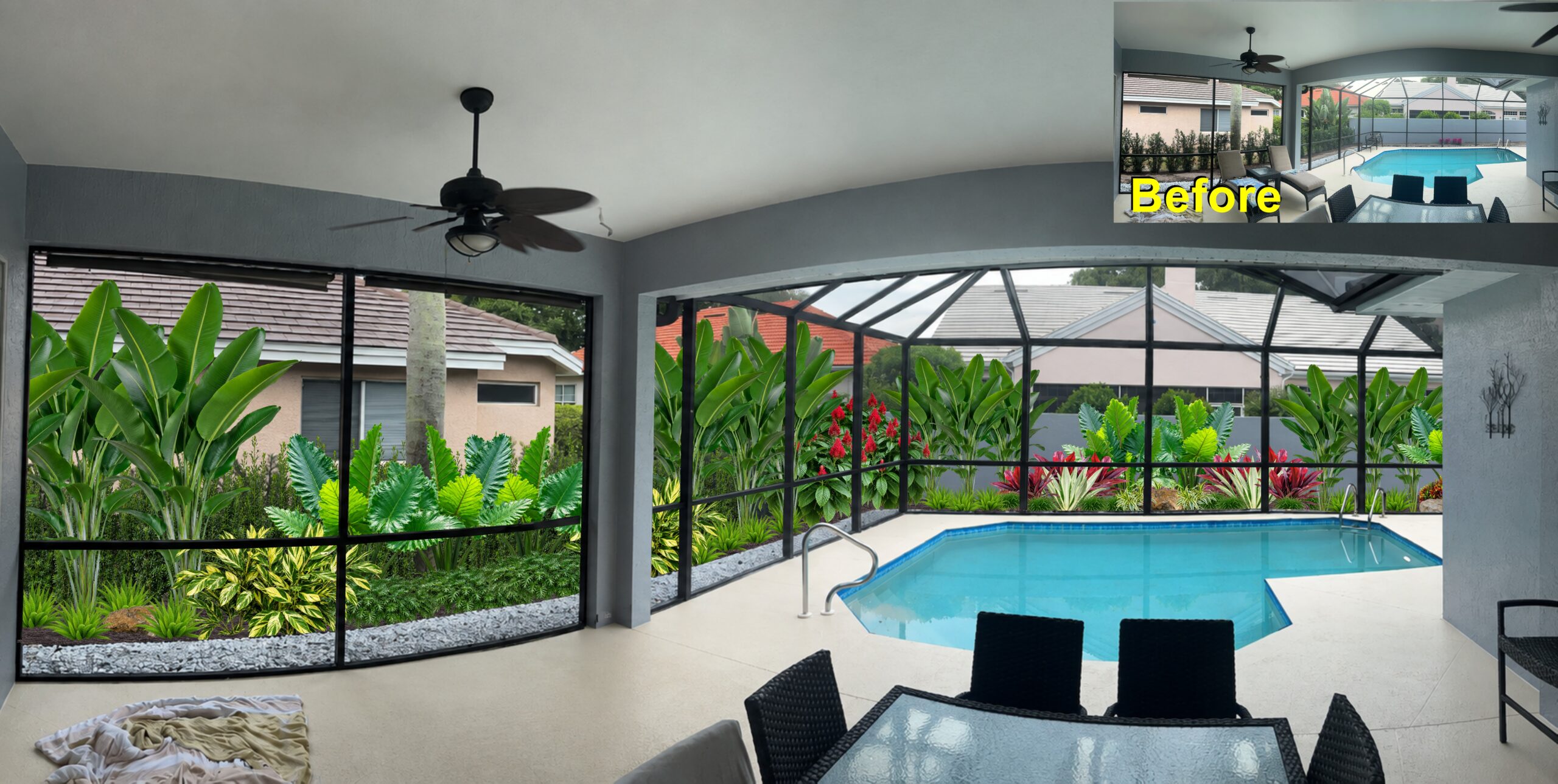 Completed tropical backyard pool rendering