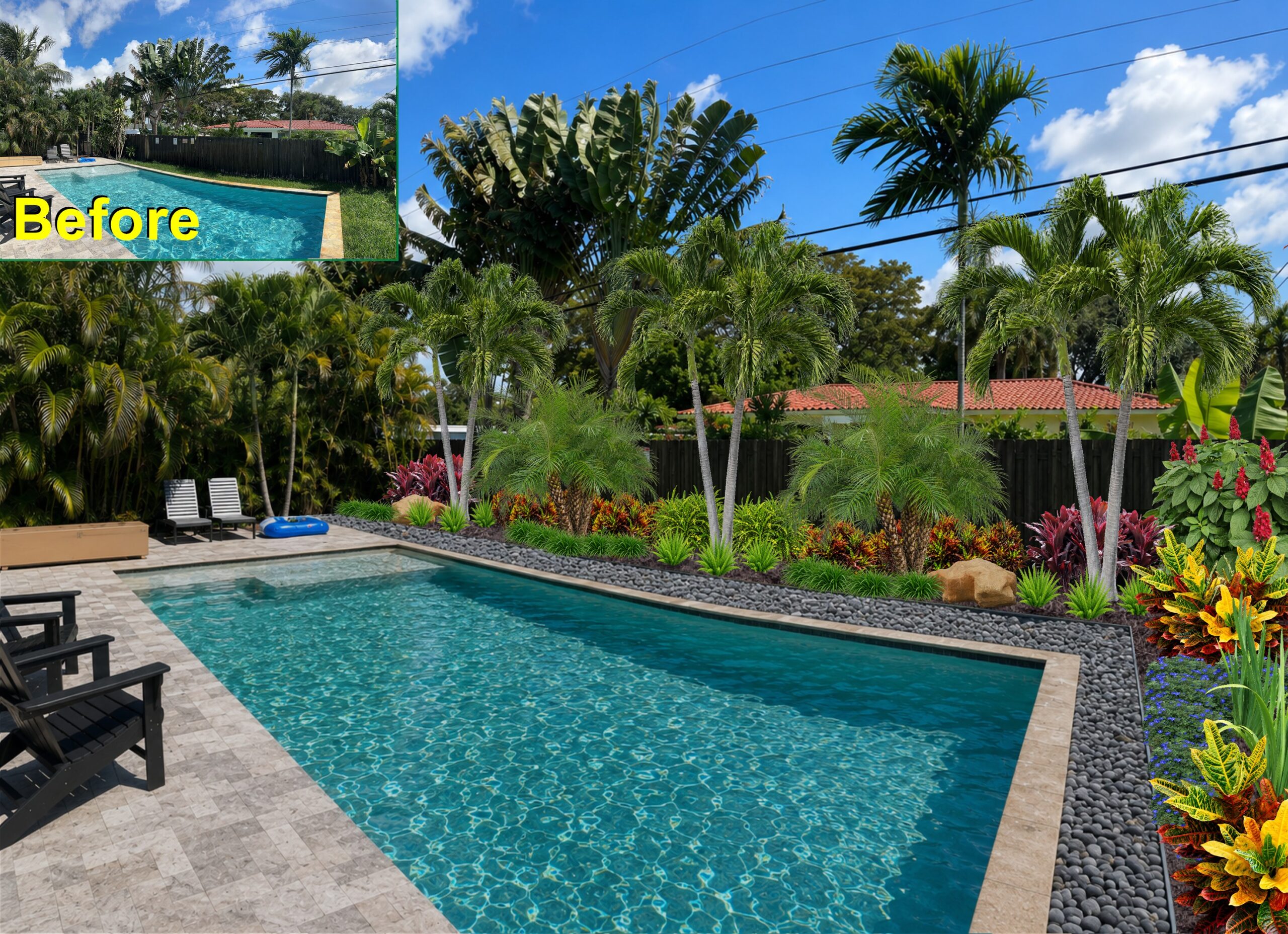 High-end coastal waterfront terrace with illuminated coconut palms, dockside lounge, and lush tropical groundcovers