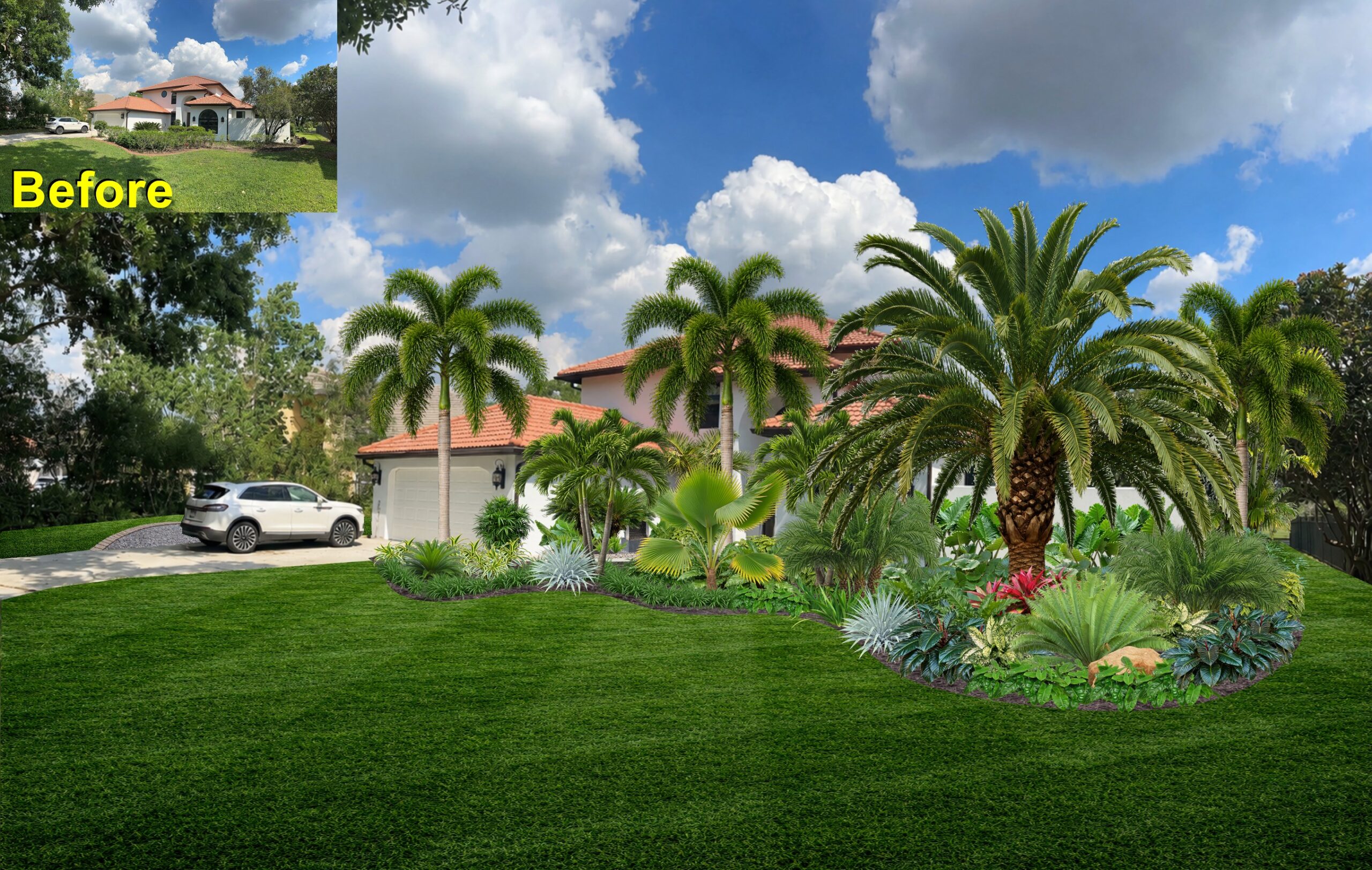 Sculptural multi-tier palm groupings and dense tropical understory flanking modern estate driveway in Jupiter Florida