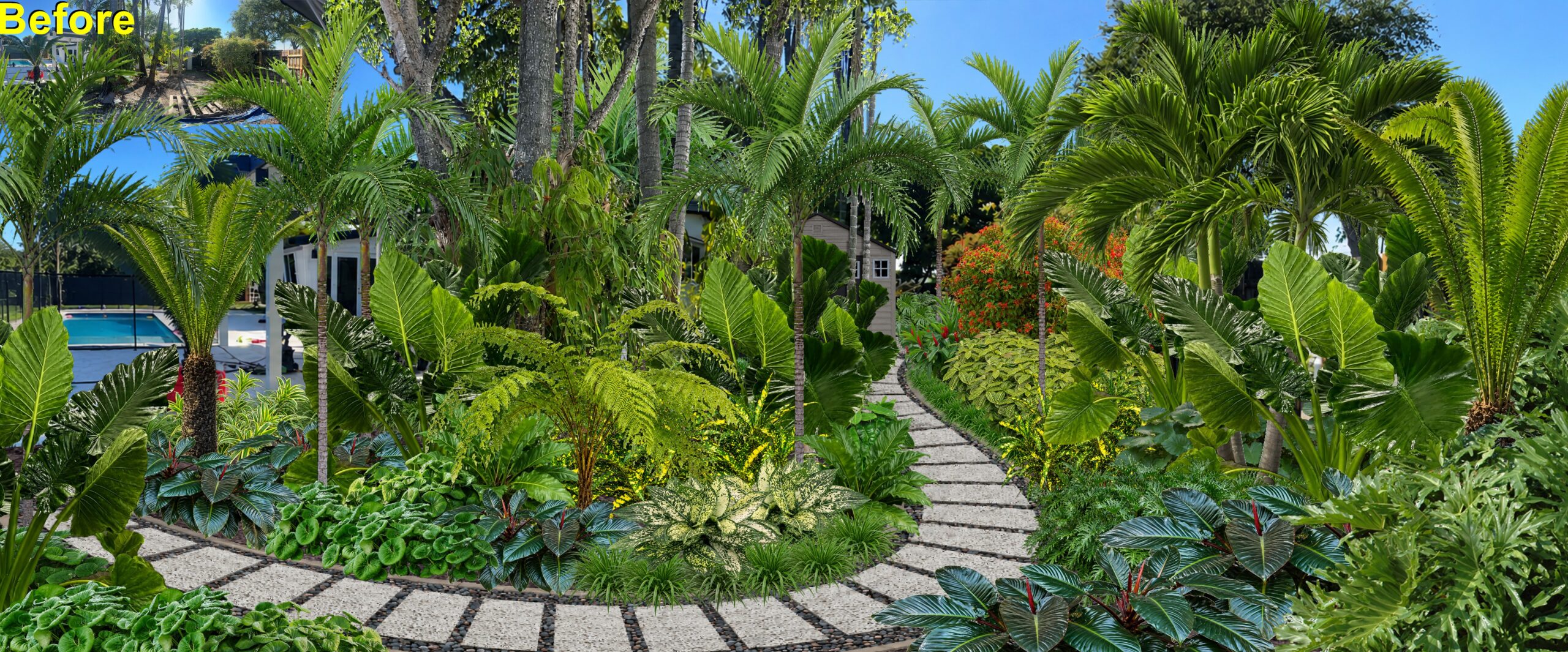 Terraced waterfront coastal landscape with salt-tolerant native plantings and stone fire pit patio in Panama City
