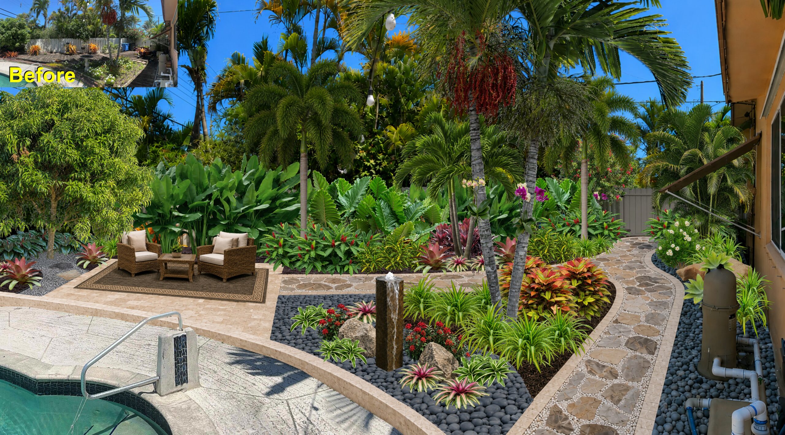Lush tropical resort-style pool oasis with architectural palms and layered botanical plantings in Sarasota Florida
