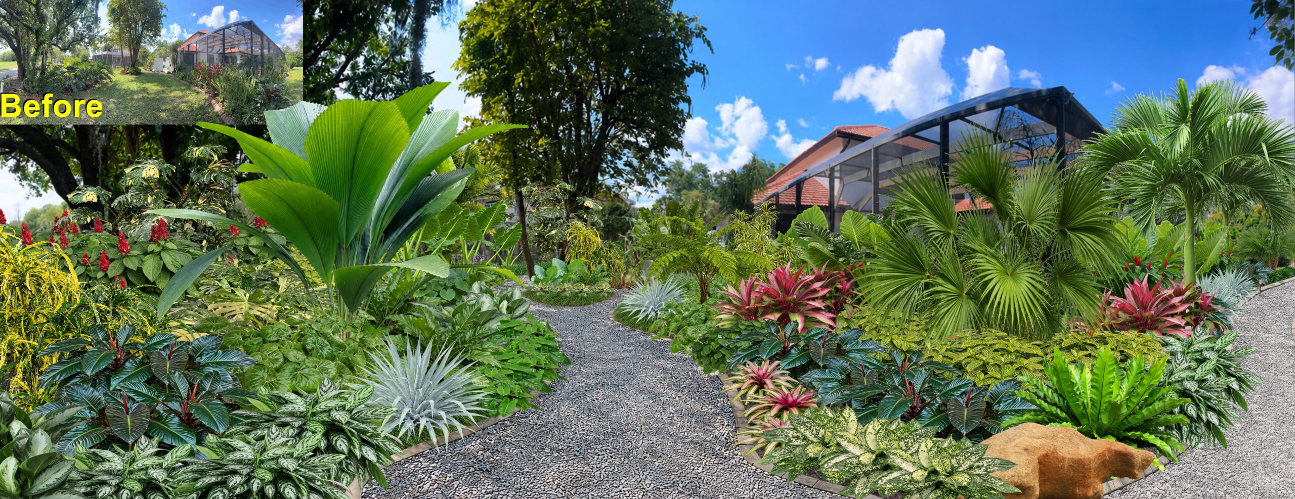 Intimate Key West tropical secret garden with native palms, flowering ginger, and shell-stone walking paths
