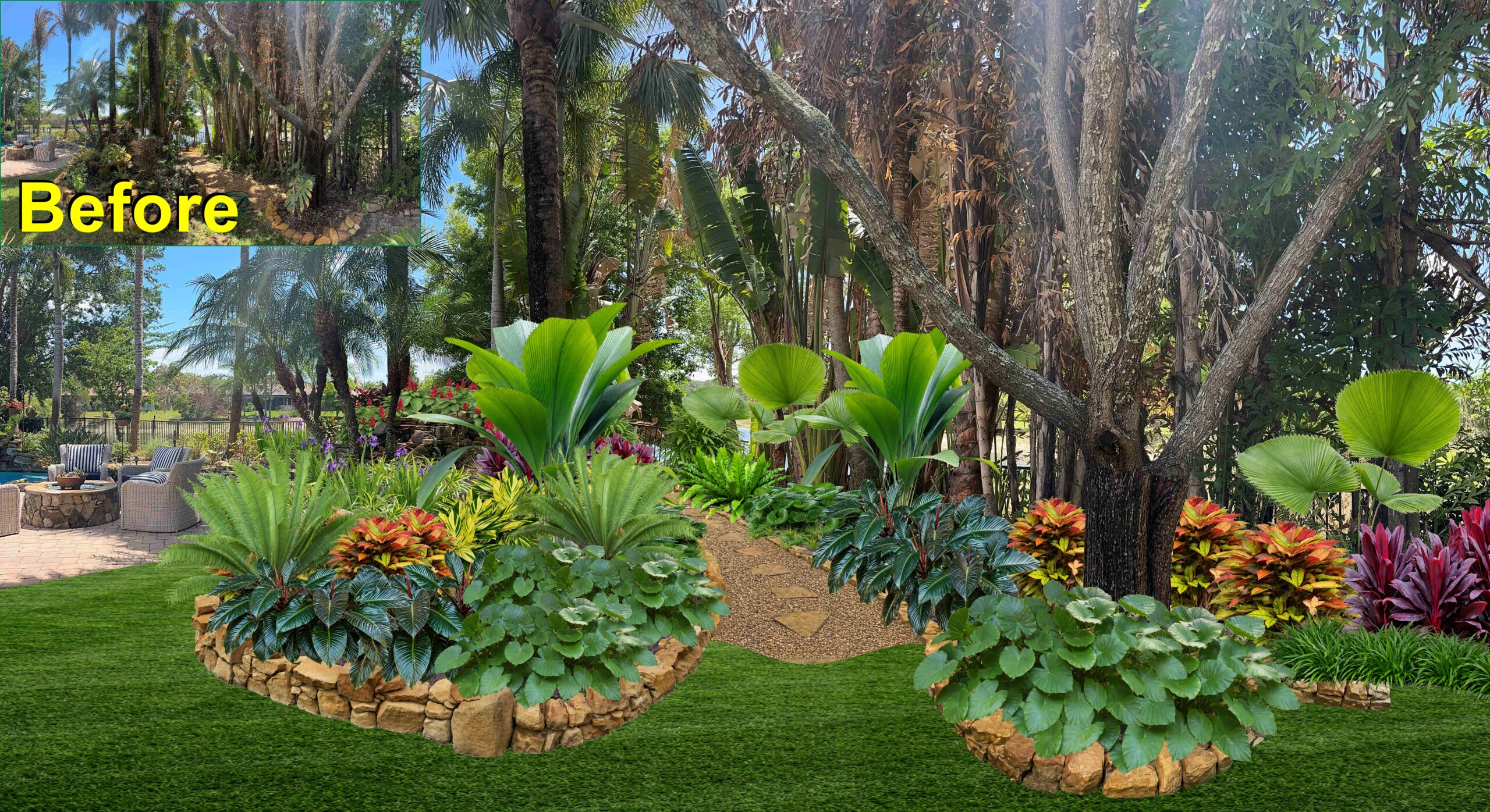 Lush botanical perimeter privacy screen with foxtail palms, clusia hedges, and sunken lounge fire lounge in Orlando