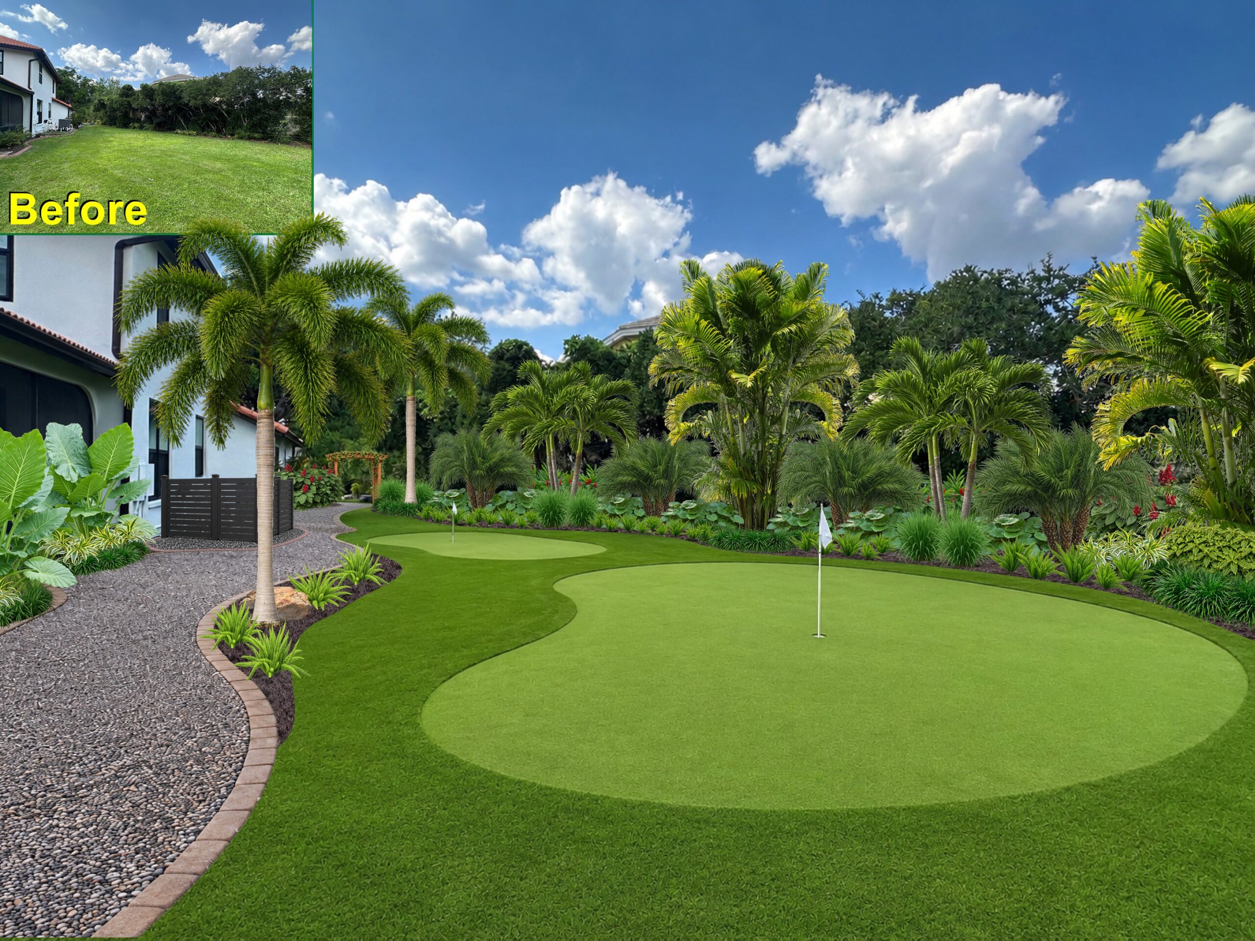 Private tropical resort poolscape surrounded by dense areca palms, travertine deck, and flowering bougainvillea in Clearwater