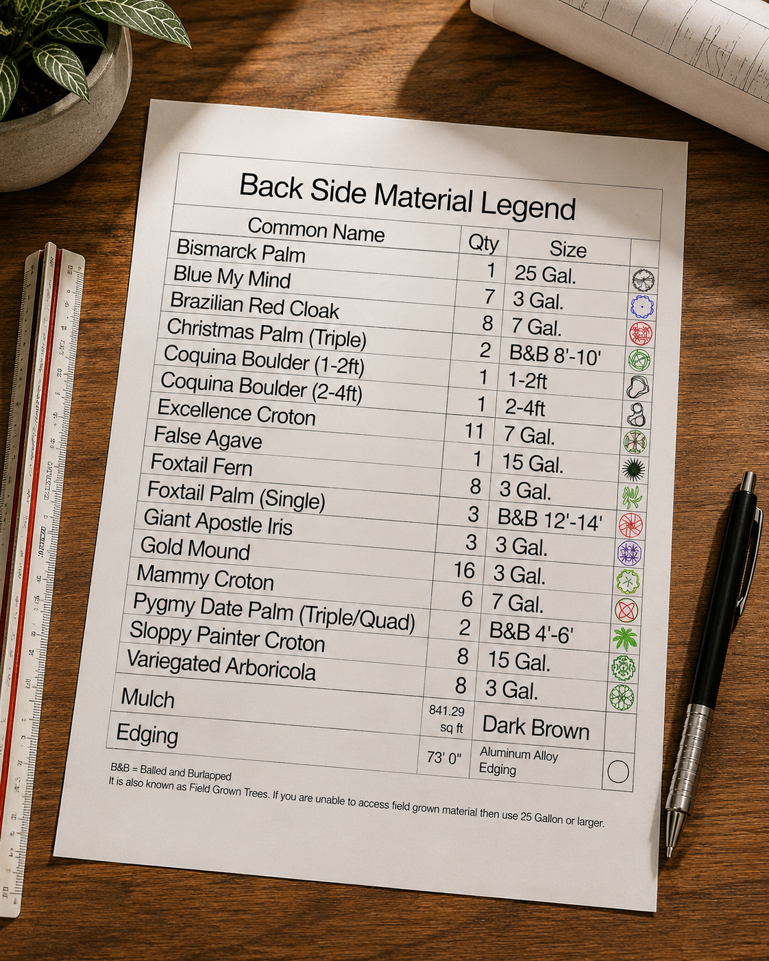 Close-up CAD technical drafting view of backyard hardscape, turf boundaries, and botanical schedule