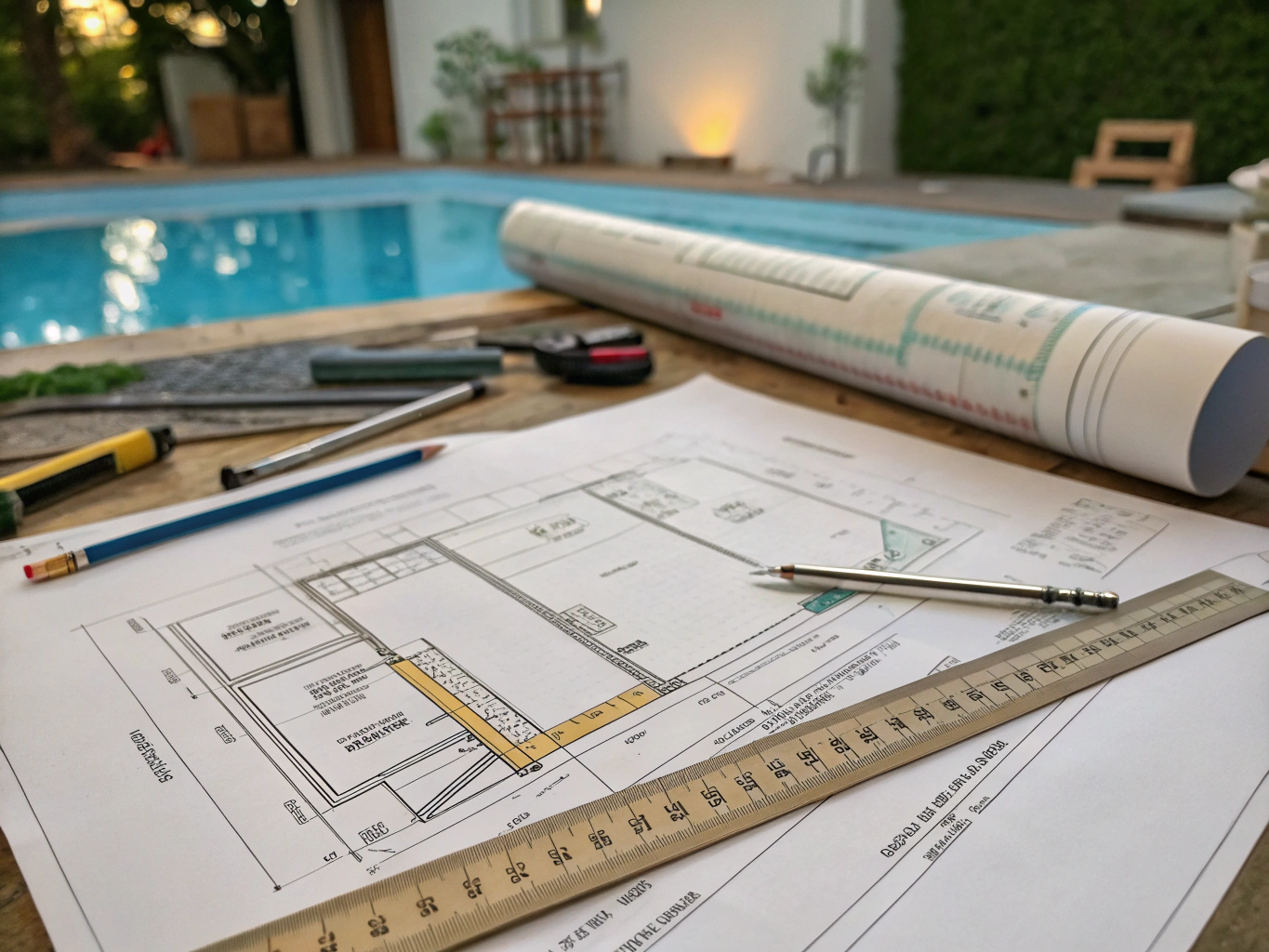 Technical CAD drafting sheet showing hardscape coping elevations and outdoor lighting placement