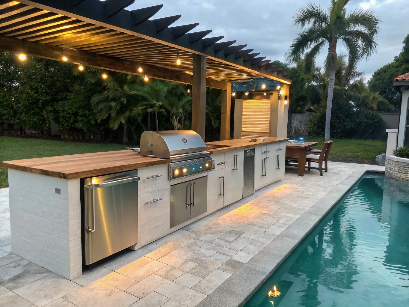 High-resolution architectural rendering of outdoor lanai with summer kitchen and tropical landscape views