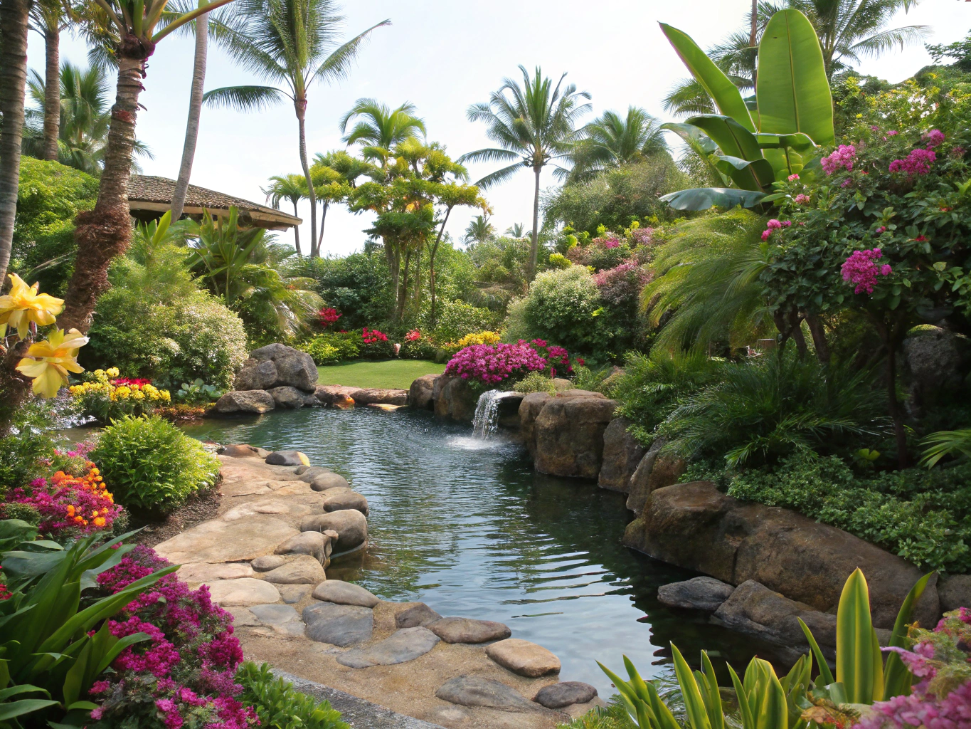 3D rendering of private tropical courtyard garden with dense lush foliage
