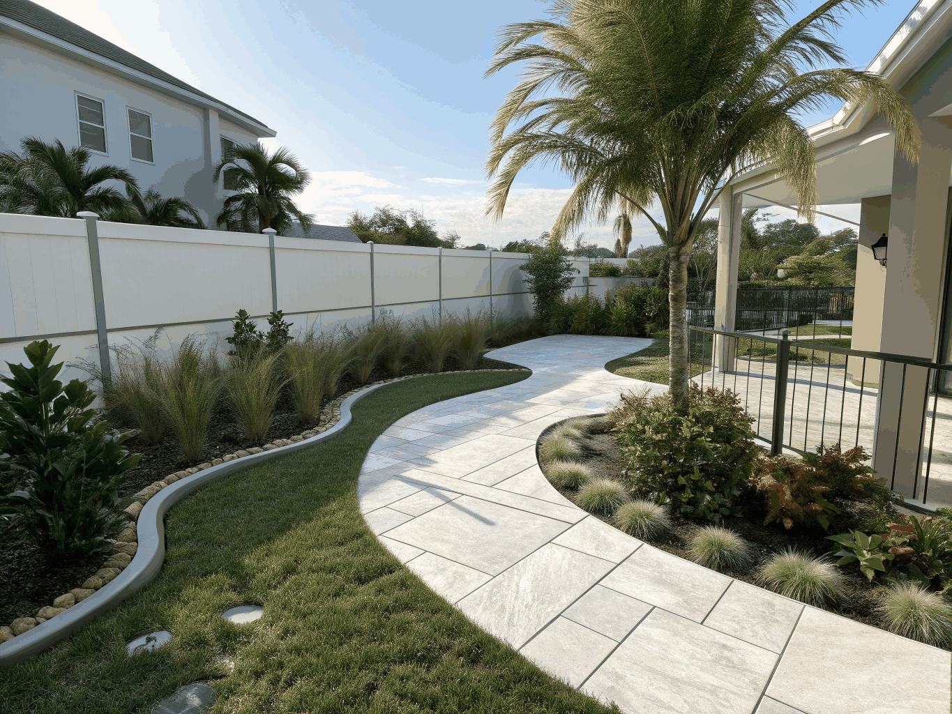 Architectural front courtyard landscape design with sculpted tropical plantings and paver grid