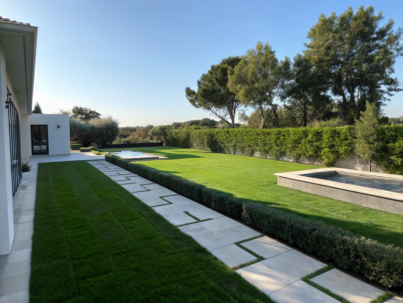 Flat open shoreline yard with patchy grass before tropical landscape design