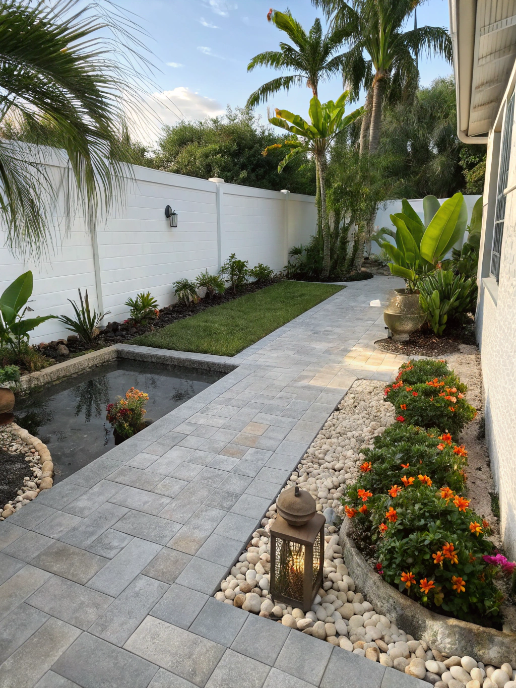 Lush Florida residential courtyard landscape design with tropical palms and clean architectural stone