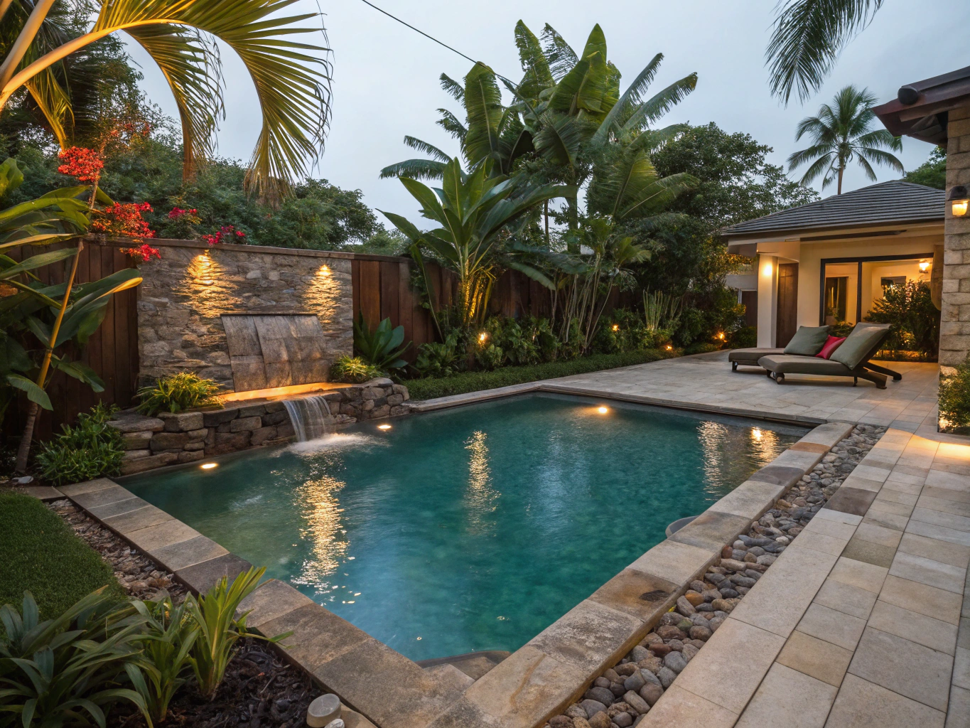 Photorealistic lush tropical Florida residential landscape design with dense palms and layered foliage at golden hour